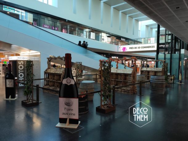 Foire aux vins Marin centre, bouteilles peintes, tonneaux, tables hautes,vin, vignes, présentoirs, portique