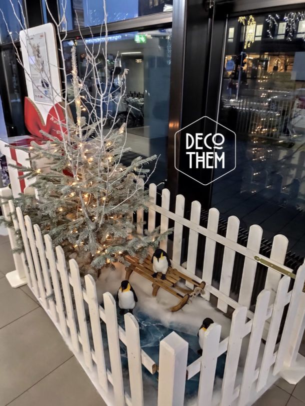 Noël Le Carô Centre, pingouins, barrières blanches, animaux peluches, oiseaux, sapin illuminé, guirlandes lumineuses, écureuils, luge, neige, lac gelé, pinguins