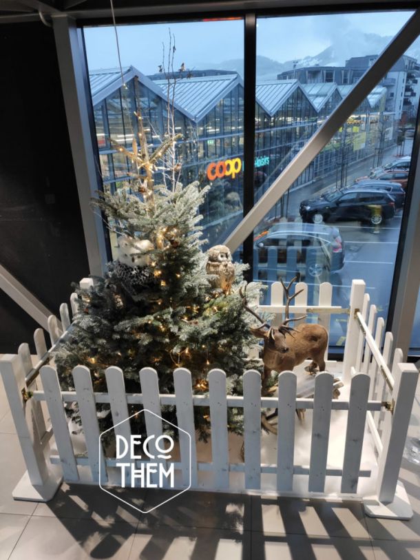 Noël Le Carô Centre, hiboux, barrières blanches, animaux peluches, oiseaux, sapin illuminé, guirlandes lumineuses, écureuils, luge, hiboux, neige