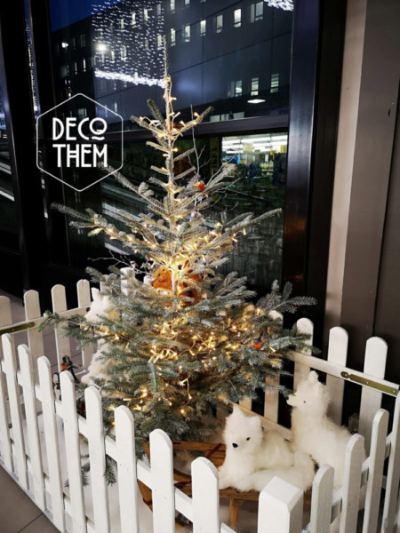 Noël Le Carô Centre, Husky Noël Le Carô Centre husky, barrières blanches, animaux peluches, oiseaux, sapin illuminé, guirlandes lumineuses, écureuils, luge