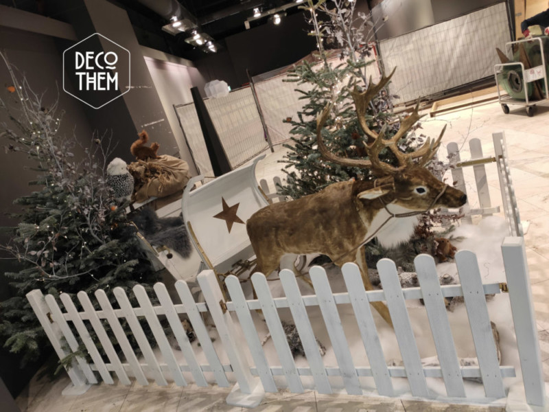 Noël Le Carô Centre renne + traîneau Noël Le Carô Centre renne + traîneau, barrières blanches, animaux peluches, oiseaux, sapin illuminé, guirlandes lumineuses, écureuils, traineau, hérrisson, renne du Père-Noel